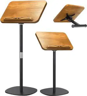 2-in-1 Dual-use Floor & Desktop Book Stand, 100% Solid Wood, Height Adjustable from 16.5" to 51", Floor Reading Stand with Page Clip for Cookbooks, Sheet Music, Projector (with a T-Shaped)