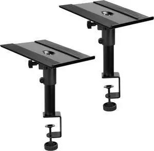 Clamp-on Ser Stand Desk Mount Set, 10 x 9 inch Trays, Height Adjustment and Tilt,  Holders for Computer and Bookshelf Sers, Elevated Sound, 2 k, Black, MOUNT-SP01CB