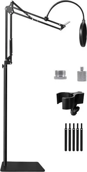 Mic Stand Floor Boom Arm for Blue Yeti, Nano, Snowball, HyperX QuadCast, SM7B MV7,  K688 and More Mic, Floor Microphone Stand with 3/8" to 5/8" 1/4" Screw, Pop Filter Mic Clip Cable Ties