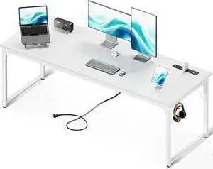 71 Inch Computer Desk with USB Ports, Large Office Desk, Long Study Student Writing Desk, White