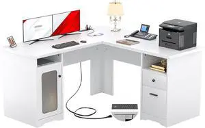 L Shaped Computer Desk with Drawer, 60 Inch Office Desk with Power Outlets and USB Ports, Large L Shape Corner Desks with File Cabinet, 2 Person Home Office Table with Storages, Pure White