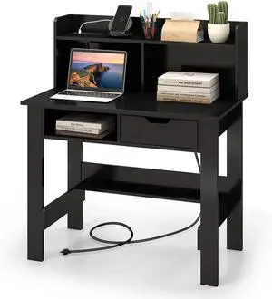 Computer Desk with Drawer & Hutch, Home Office Writing Desk with Charging Station & Storage Shelves, Modern Se-Saving Computer Workstation Makeup Vanity Desk, Ideal for Working Studying