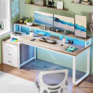 67" Computer Desk with 3 Drawers, Home Office Desk with Long Monitor Stand and Printer Se, Office Desk with Storage & LED Lights, Writing Desk with Drawers, Walnut and White