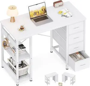 40 Inch Small White Computer Desk with 4 Fabric Drawers, Modern Writing PC Desk for Small Ses, Home Office Study Table with Storage Shelves, Vanity Table, White
