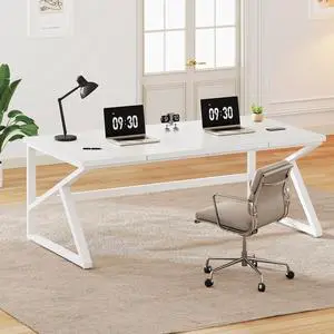 Large White Desk, Wooden and Metal 70 Inch Computer Desk, Modern Extra Long Double Desks for Home Office Executive Writing Study Gaming, Farmhouse 2 Person PC Laptop Table in Bedroom Living Room