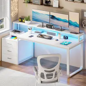 67" Computer Desk with 3 Drawers, Home Office Desk with Long Monitor Stand and Printer Se, Office Desk with Storage & LED Lights, Writing Desk with Drawers, White