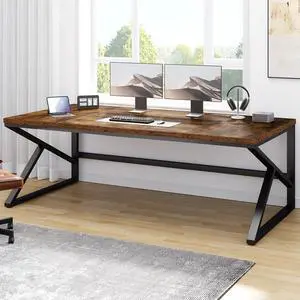 Large Rustic Brown Computer Desk, 70 Inch Home Office Metal Wood Desk for 2 Person, Farmhouse Extra Long Writing Study Gaming Table, Bedroom Living Room PC Laptop Dual Monitor Desk