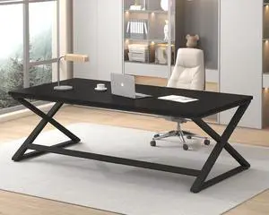 Black Desk, Large Home Office Work Desk, 78.7 Long Computer Desks, Simple Wide Study Writing Desk, Wood Metal Double PC Executive Workstation Gaming Desk Computer Table for Bedroom, Black Oak