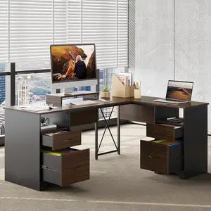 L Shaped Desk with 4 Drawers, 63" x 47" Executive Desk with Open Storage & Monitor Stand, Corner Desk with 2 File Drawers & Modesty Panel for Home Office, Cherry