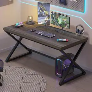 Grey Home Office Desk, Modern Computer Desk for Writing Study, Wood Metal Rustic Pc Gaming Executive Work Desk, Industrial Workstation Computer Table in Bedroom, Dark Gray Oak, 55 Inch