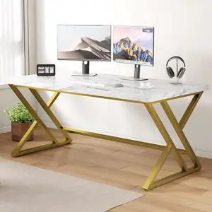 White and Gold Desk, Wood Faux Marble Home Office Computer Desk, Modern Study Executive Table for Gaming Writing, Metal Simple Student Desk for Bedroom, White Marble and Gold, 55 Inch