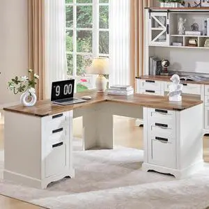 60" Farmhouse L Shaped Executive Desk with Drawers, Wood Home Office Corner Desk with Charging Station, File Drawer, Storage Cabinet, Rustic Computer Writing Desk (Antique White)