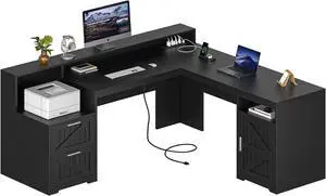 63" Farmhouse L Shaped Desk with Drawers & Storage Shelf, Corner Computer Desk with Power Outlets for Home Office, Executive Desk with Monitor Stand, Printer Shelf, Black