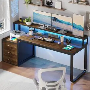 67" Computer Desk with 3 Drawers, Home Office Desk with Long Monitor Stand and Printer Se, Office Desk with Storage & LED Lights, Writing Desk with Drawers, Black and Walnut