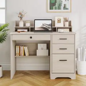 Small Desk with Drawers, Computer Desk with File Cabinet & Monitor Stand for Home Office, Wood Writing Study Office Desks for Bedroom, Off White