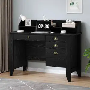 Black Desk with Drawers, Small Computer Desk with File Drawer & Hutch for Small Ses, Home Office Desks Writing Study Table with Monitor Stand, Black