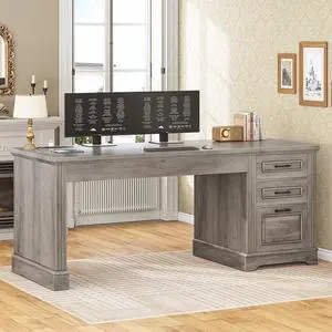 Executive Office Desk with 3 Drawers, Farmhouse 55" Computer Desk with Storage File Drawers & Power Outlet for Home Office, Grey