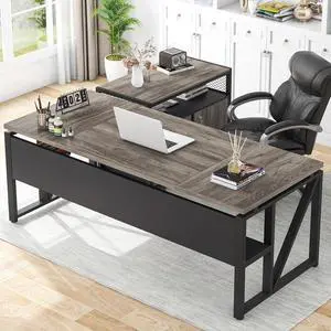 L Shaped Desk with Drawer Cabinet, 63" Executive Computer Desk and lateral File Cabinet, 2 Piece Home Office Furniture with Drawers for Hanging File, Doors with Locks (Gray, 63 inches)