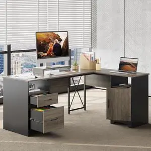 L Shaped Desk with File Drawers, 63" x 47" Office Computer Desk with Storage Cabinet, Corner Desk with Monitor Stand & Modesty Panel for Home Office, Gray