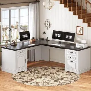 Farmhouse 69" Executive L Shaped Desk, Home Office Desk with Drawers and Storage Cabinet & Power Outlet, Corner Computer Desk, White