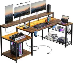 71.5 inch Computer Desk with Power Outlets, LED Large Home Office Desk with Monitor Stand, L Shaped Corner Desk with Printer Stand Adjustable Shelf, Cup Holder & Headset Hooks, Brown