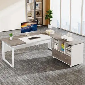 L-Shaped Executive Desk with Reversible File Cabinet, 63" Office Desk with Storage Drawers, L-Shaped Computer Desk with Drawer Cabinet for Hanging Letter Size Files,Gray & White