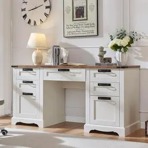 60" Farmhouse Executive Desk, Home Office Desk with Drawers, Charging Station, Keyboard Tray, File Drawer, Storage Cabinet, Wood Rustic Computer Writing Desk (Antique White)