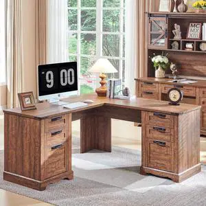 60" Farmhouse L Shaped Executive Desk with Drawers, Wood Home Office Corner Desk with Charging Station, File Drawer, Storage Cabinet, Rustic Computer Writing Desk (Reclaimed Barnwood)