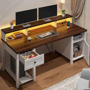 Farmhouse Office Desk with Drawer & Power Outlets, Wood Computer Desk Monitor Stand for Bedchamber Study, Reversible Home Office Desks with Storage Cabinet for Working Writing Gaming