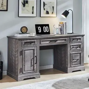 58" Executive Desk, Farmhouse Computer Desk with Drawers and Cabinet, Crafted Texture Home Office Desk, Workse for Work Study Writing, Weatherworn Grey
