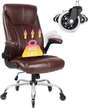 Big and Tall Office Chair for Heavy People 400lb, Executive Desk Computer Chair Adjustable Flip-up Armrests, PU Leather Swivel Task Chair with Ergonomic High Back and Lumbar Support