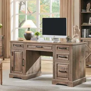 58" Executive Desk, Farmhouse Computer Desk with Drawers and Cabinet, Embossed Texture Home Office Desk, Workse for Work Study Writing, Warm Brown