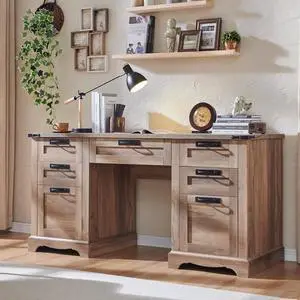 60" Farmhouse Executive Desk, Home Office Desk with Drawers, Charging Station, Keyboard Tray, File Drawer, Storage Cabinet, Wood Rustic Computer Writing Desk (Natural Oak)