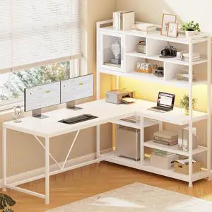 L Shaped Computer Desk, 58'' Office Desk with LED Light and Bookshelf, L Shaped Corner Desk with Storage Shelves for Home Office, Gaming Desk, L Desk, White