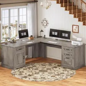 69" L Shaped Desk with Drawers and Storage, Farmhouse Computer Desk with File Drawers and Power Outlet, Corner Executive Desk with Storage Cabinet for Home Office, Grey