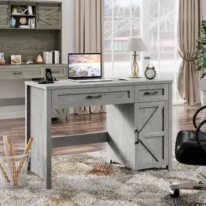 Farmhouse 47" Executive Desk, Computer Desk with 2 Drawers and Storage Cabinet, Workstation Computer Desk for Study and Home Office.(Grey)