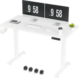 Electric Standing Desk, 47 x 24 Inches Height Adjustable Desk with Removable Casters, Home Office Computer Desk (White)