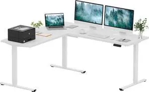 L Shaped Standing Desk Adjustable Height, Electric Corner Standing Desk, 71 x 63 inch Sit Stand Computer Table with Splice Board, White