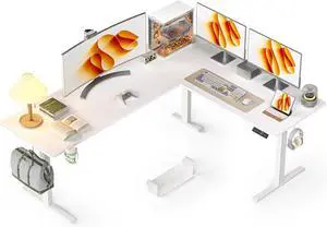 75x61 Inches Reversible L Shaped Standing Desk Height Adjustable with Cup Holder, Electric Corner Computer Workstation for Home Office, Ergonomic Sit Stand up Gaming Desk, White