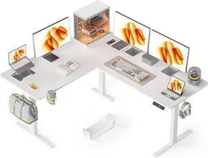 63X55 Inches Reversible L Shaped Standing Desk Height Adjustable with Cup Holder, Electric Corner Computer Desk, Sit Stand up Home Office Desk, Ergonomic Gaming Desk, White