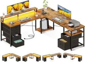 66" L Shaped Computer Desk, 113 Reversible Home Office Desk with File Cabinet & 4 Fabric Drawers, Two Person Desk with LED Lights & Power Outlet, Corner Gaming Desk with Monitor Shelf, Vintage