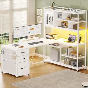 L Shaped Computer Desk, 58'' Office Desk with 3 Drawers and Bookshelf, L Shaped Corner Desk with Storage Shelves and LED Light for Home Office, Gaming Desk, L Desk, White