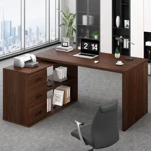 Walnut Home Office Desk L Shaped with Drawers, Reversible Wood Computer Desk Table for Executive Work Writing Study Gaming, Rustic Corner L Desk with Storage Cabinet Shelves for Bedroom, 55 Inch
