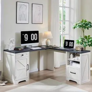 Home Office Desk, Modern Farmhouse Computer Desk with File Cabinet Letter T4 F4 Legal, Study Writing Desk, 59 Inch, Off White