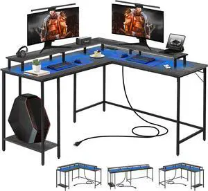 53.5" L Shaped Computer Desk Gaming Desk with LED Lights and Power Outlets, Reversible L Shaped Corner Desk with Monitor Stand, Home Office Desk with Shelf and USB Port (Grey)