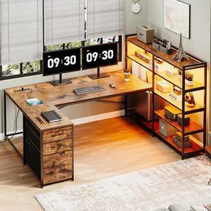 L Shaped Desk with Storage Shelves, 64.5'' Reversible U Shaped Office Desk with 3 Fabric Drawers, Gaming Desk with Power Outlet & LED Strip, Rustic Brown