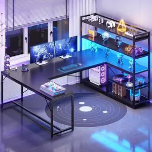 L Shaped Gaming Desk, 63'' Reversible Computer Desk with Power Outlet and Storage Shelves, Corner Gaming Desk with LED Lights, Bookshelf for Home Office, Black