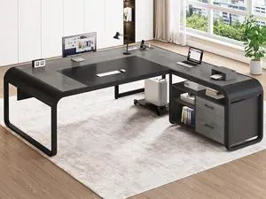 63 Inch Executive Desk, L Shaped Desk with Drawers, Large Office Desk with File Drawer, Computer Desk with Mobile CPU Stand, Storage Shelves, Power Outlets for Home Office, Gray