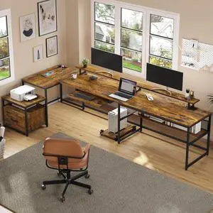 U Shaped Desk, Reversible L Shaped Home Office Desk with File Drawer & Power Outlet, 101.5'' Computer Two Person Desk with Monitor Shelf, Keyboard Tray, Gaming Desk, Rustic Brown