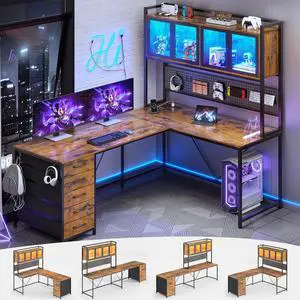 L Shaped Gaming Desk with Drawers, L Shaped Computer Desk with Hutch and Storage Shelves, Gaming Desk with Pegboard, Led Lights, and Power Outlet, Home Office Desk, Corner Desk, Rustic Brown